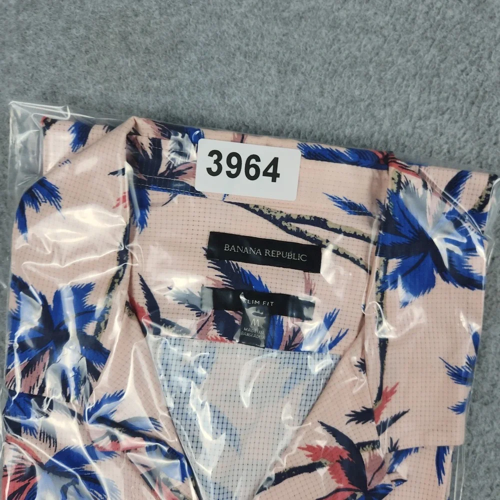Banana Republic Shirt Men M Peach Blue Palm Tree Slim Fit Short Sleeve Button Up